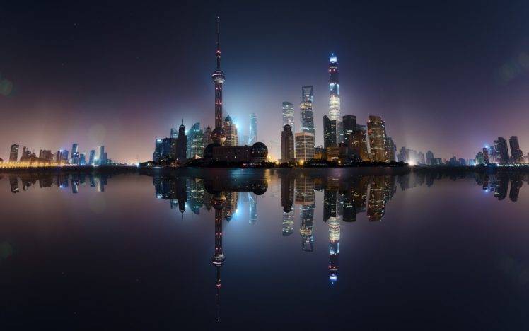 Shanghai, China, City, Cityscape, Skyscraper, Tower, Water, Sea, Reflection, Night, Lights, Building, Long exposure HD Wallpaper Desktop Background