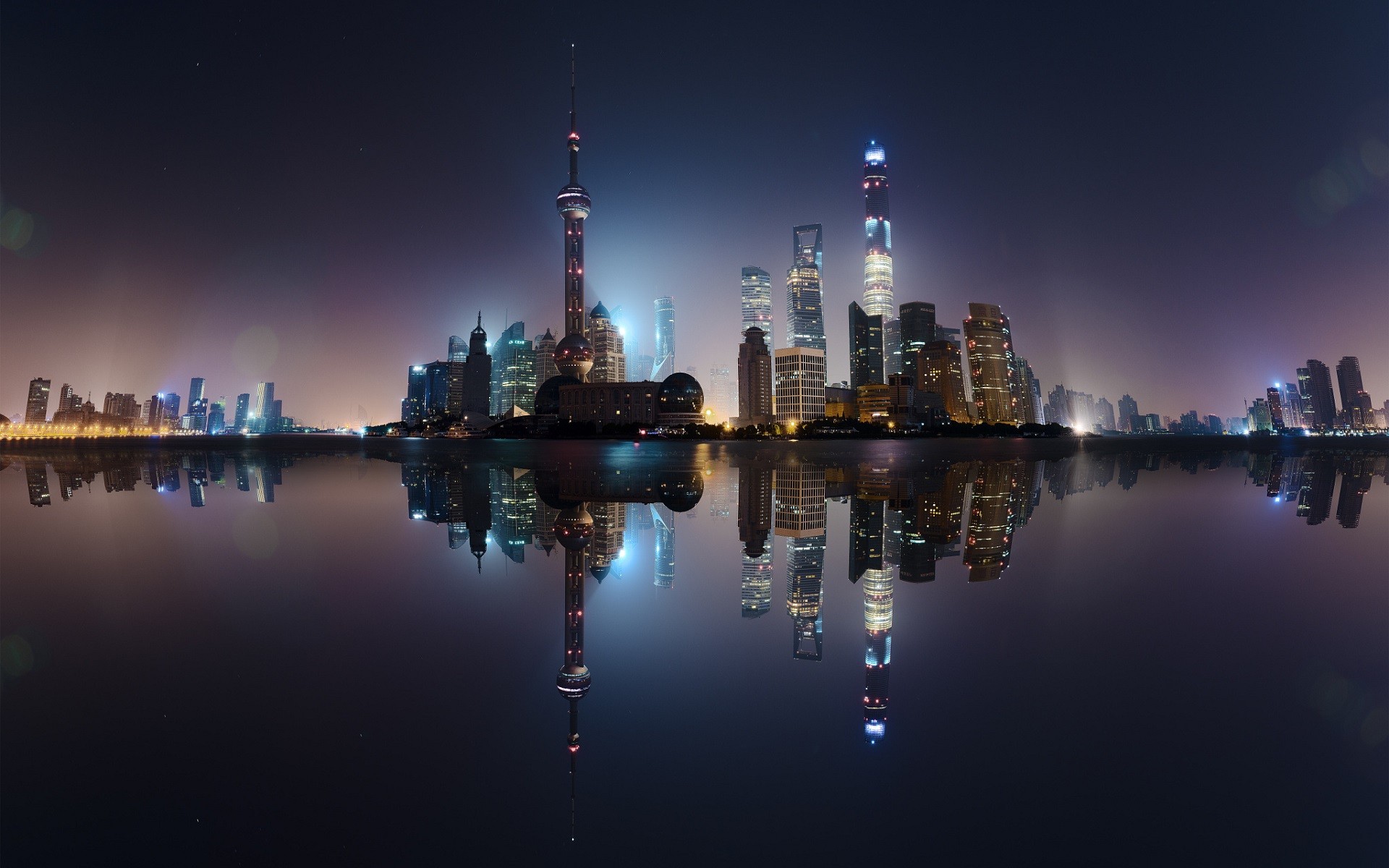 Shanghai, China, City, Cityscape, Skyscraper, Tower, Water, Sea, Reflection, Night, Lights, Building, Long exposure Wallpaper