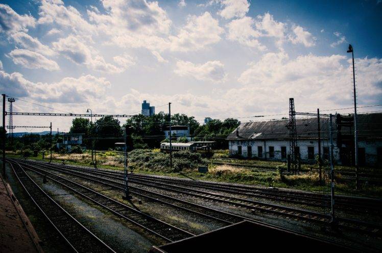 train, Train station, Old, Rail yard, Ground, Sky, Clouds, Pripyat, HDR, Ukraine, Railway, Ruin, Abandoned HD Wallpaper Desktop Background