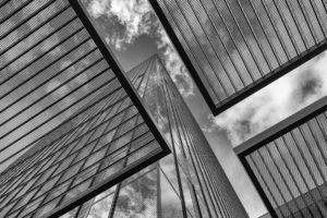skyscraper, Monochrome, Architecture, Multiple display, Modern, Reflection, Clouds