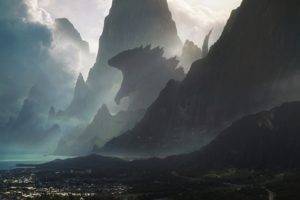 artwork, Godzilla, Sea, Mountain