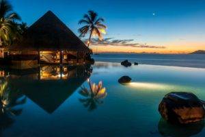 bungalow, Palm trees, Sea, Stones, Sunset, Horizon