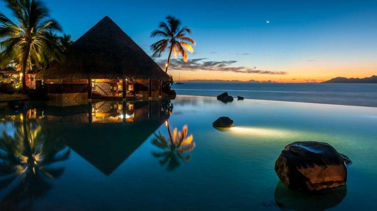 bungalow, Palm trees, Sea, Stones, Sunset, Horizon HD Wallpaper Desktop Background