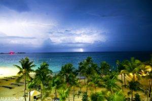 palm trees, Clouds, Lightning, Sea