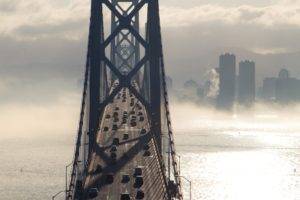 bridge, Traffic, Clouds, Bay, San Francisco, USA, Portrait display, Bay Bridge