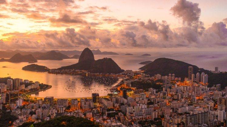 city, Cityscape, Rio de Janeiro, Brazil, Clouds, Hill, Sea, Sunset HD Wallpaper Desktop Background