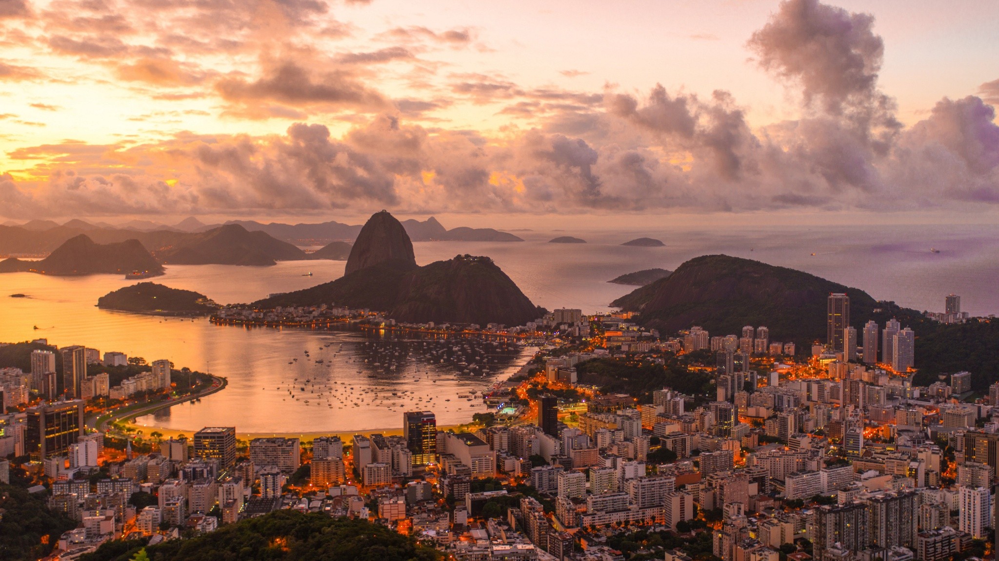 city, Cityscape, Rio de Janeiro, Brazil, Clouds, Hill, Sea, Sunset Wallpaper