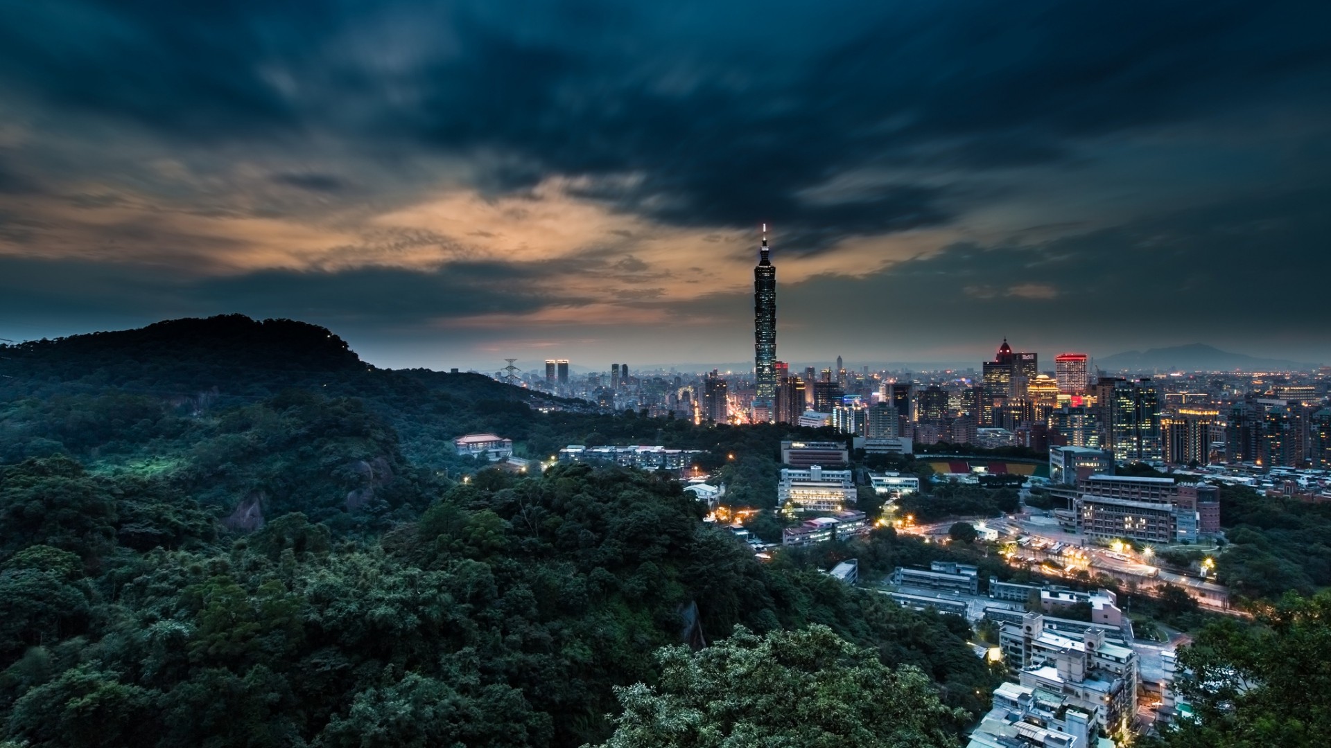 architecture, Cityscape, Evening, Clouds, Sunset, Lights, Taiwan, Building, Skyscraper, Trees, Hill, Long exposure, Street, Taipei, Taipei 101 Wallpaper