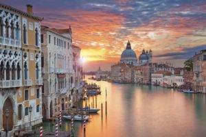 Venice, Cityscape, Italy, Water, Grand Canal, Boat, Sky, Clouds, Sunrise, Cathedral, Town