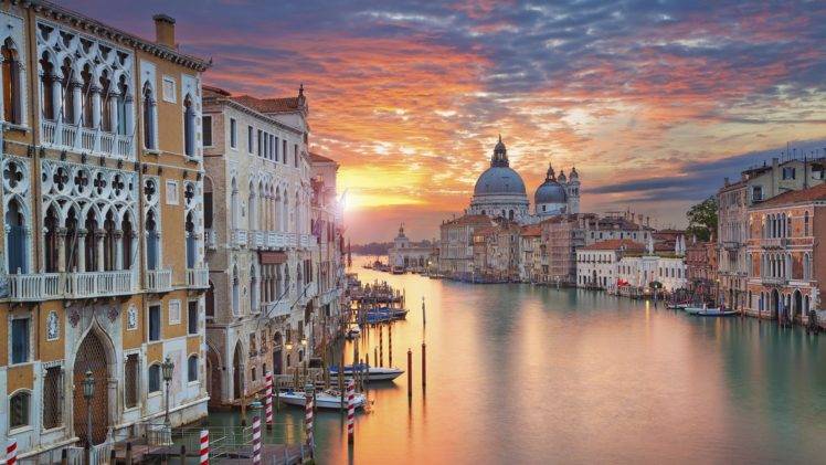 Venice, Cityscape, Italy, Water, Grand Canal, Boat, Sky, Clouds, Sunrise, Cathedral, Town HD Wallpaper Desktop Background