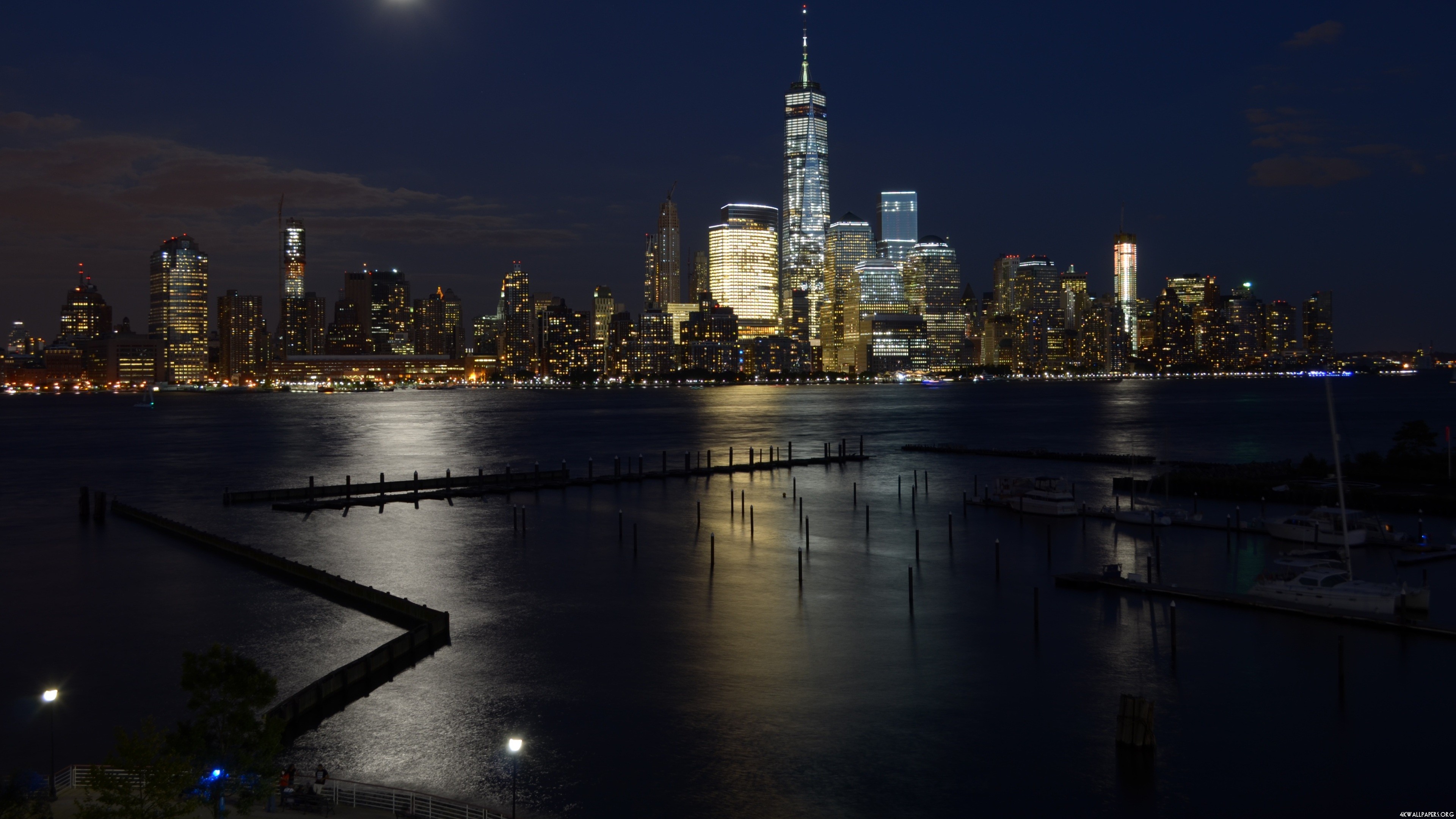 city, Cityscape, Night, Water, Lights, Reflection, Building, Skyscraper, New York City, USA, Manhattan, Yachts, One World Trade Center, Clouds Wallpaper