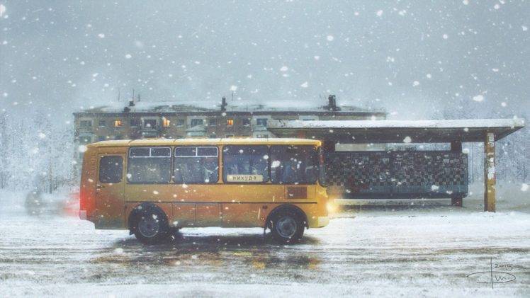 winter, Sadness, Alone, Snow flakes, Buses, City, Road HD Wallpaper Desktop Background