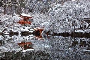 Japan, Temple, Snow, Winter, Reflection, Pond, Kyoto