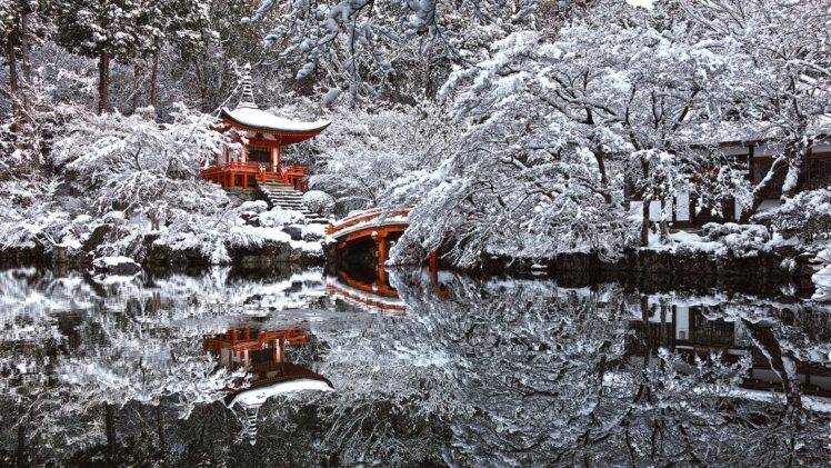 Japan, Temple, Snow, Winter, Reflection, Pond, Kyoto HD Wallpaper Desktop Background