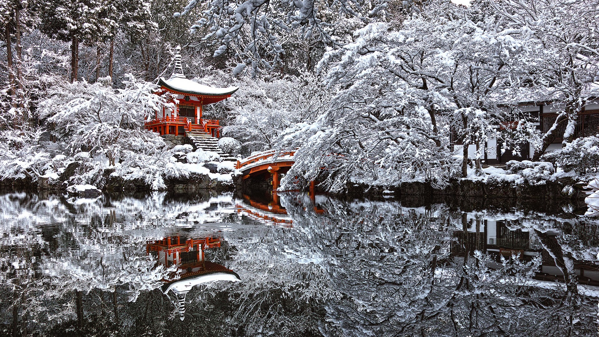 Japan, Temple, Snow, Winter, Reflection, Pond, Kyoto Wallpaper