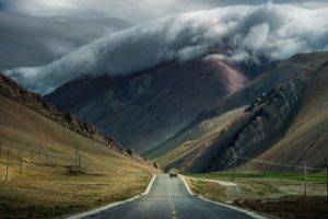 road, Mountain, Clouds