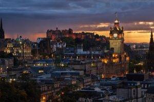 Edinburgh, Scotland, City, Architecture, Gothic architecture, Tower, Clock towers, Sunset, Castle, Cityscape, UK