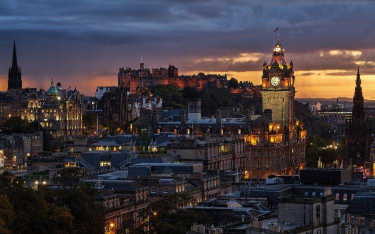 Edinburgh, Scotland, City, Architecture, Gothic architecture, Tower, Clock towers, Sunset, Castle, Cityscape, UK HD Wallpaper Desktop Background