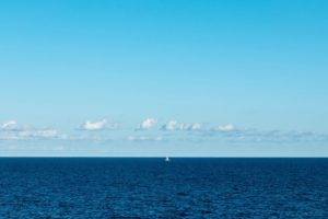 sea, Boat, Clear sky, Clouds, Minimalism
