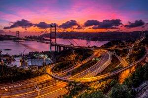 city, Long exposure, Street, Bridge, Hong Kong, Victoria Harbour, Freeway, Highway, Tsing Ma Bridge, Sunset