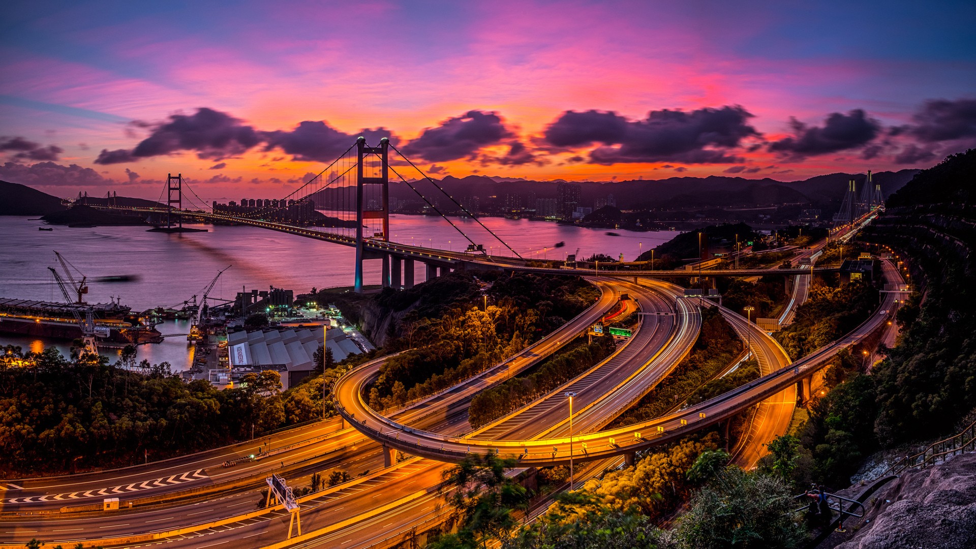 city, Long exposure, Street, Bridge, Hong Kong, Victoria Harbour, Freeway, Highway, Tsing Ma Bridge, Sunset Wallpaper