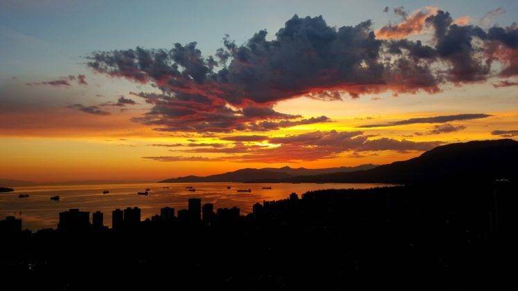 mountain, City, Vancouver, British Columbia, Sunset, Sky, Clouds HD Wallpaper Desktop Background