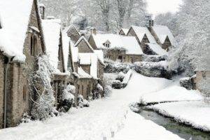 snow, England, Winter, Bibury, England, Town, Stream