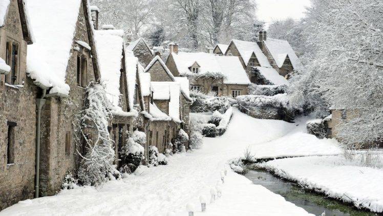 snow, England, Winter, Bibury, England, Town, Stream HD Wallpaper Desktop Background