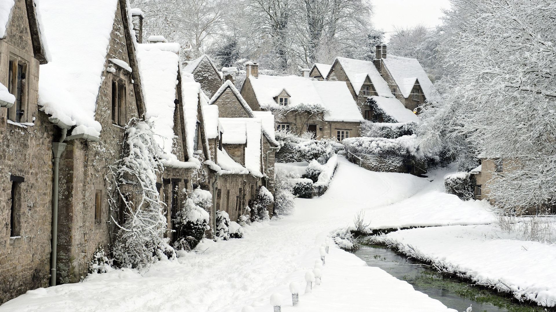 snow, England, Winter, Bibury, England, Town, Stream Wallpaper