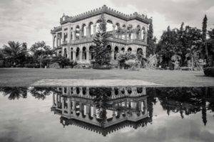 architecture, Monochrome, Building, Philippines, Palm trees, Trees, Ruin, Water, Grass, Field, Reflection, Stairs, Abandoned, Clouds, Sky, Arch, Jungles