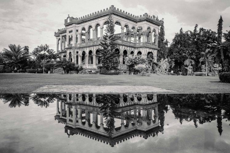 architecture, Monochrome, Building, Philippines, Palm trees, Trees, Ruin, Water, Grass, Field, Reflection, Stairs, Abandoned, Clouds, Sky, Arch, Jungles HD Wallpaper Desktop Background