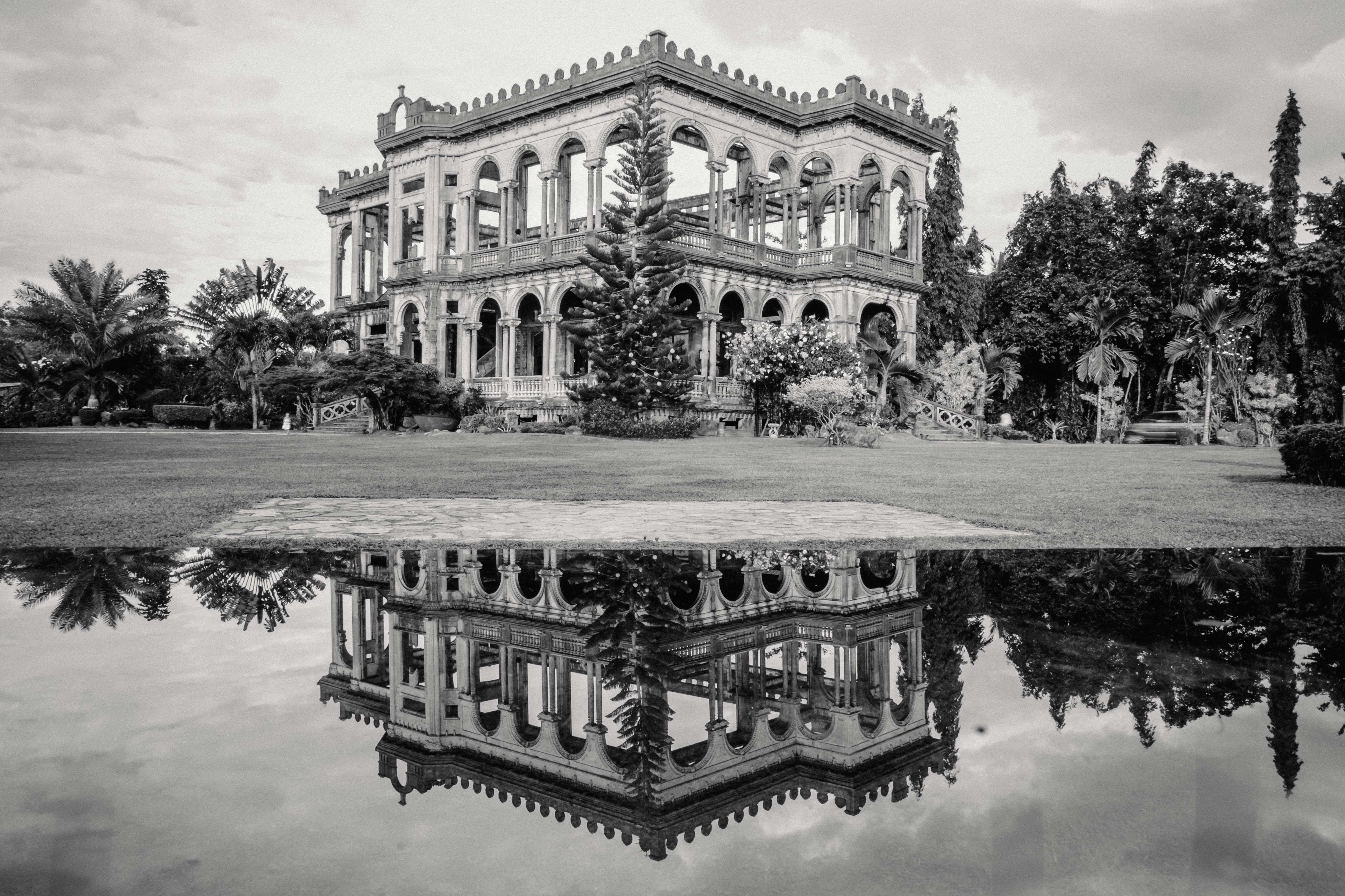 architecture, Monochrome, Building, Philippines, Palm trees, Trees, Ruin, Water, Grass, Field, Reflection, Stairs, Abandoned, Clouds, Sky, Arch, Jungles Wallpaper