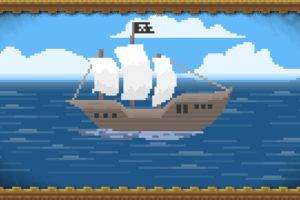 ship, Sea, Pixels, Pixel art, Clouds, Pirates, Flag, Picture frames