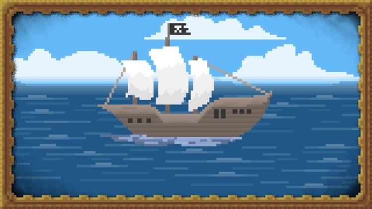 ship, Sea, Pixels, Pixel art, Clouds, Pirates, Flag, Picture frames HD Wallpaper Desktop Background