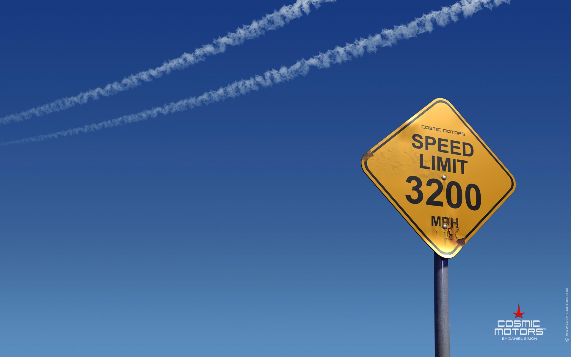 warning signs, Road sign, Signs, Cosmic Motors, Contrails, Clear sky, Blue background, Minimalism, Speed limit, Numbers Wallpaper