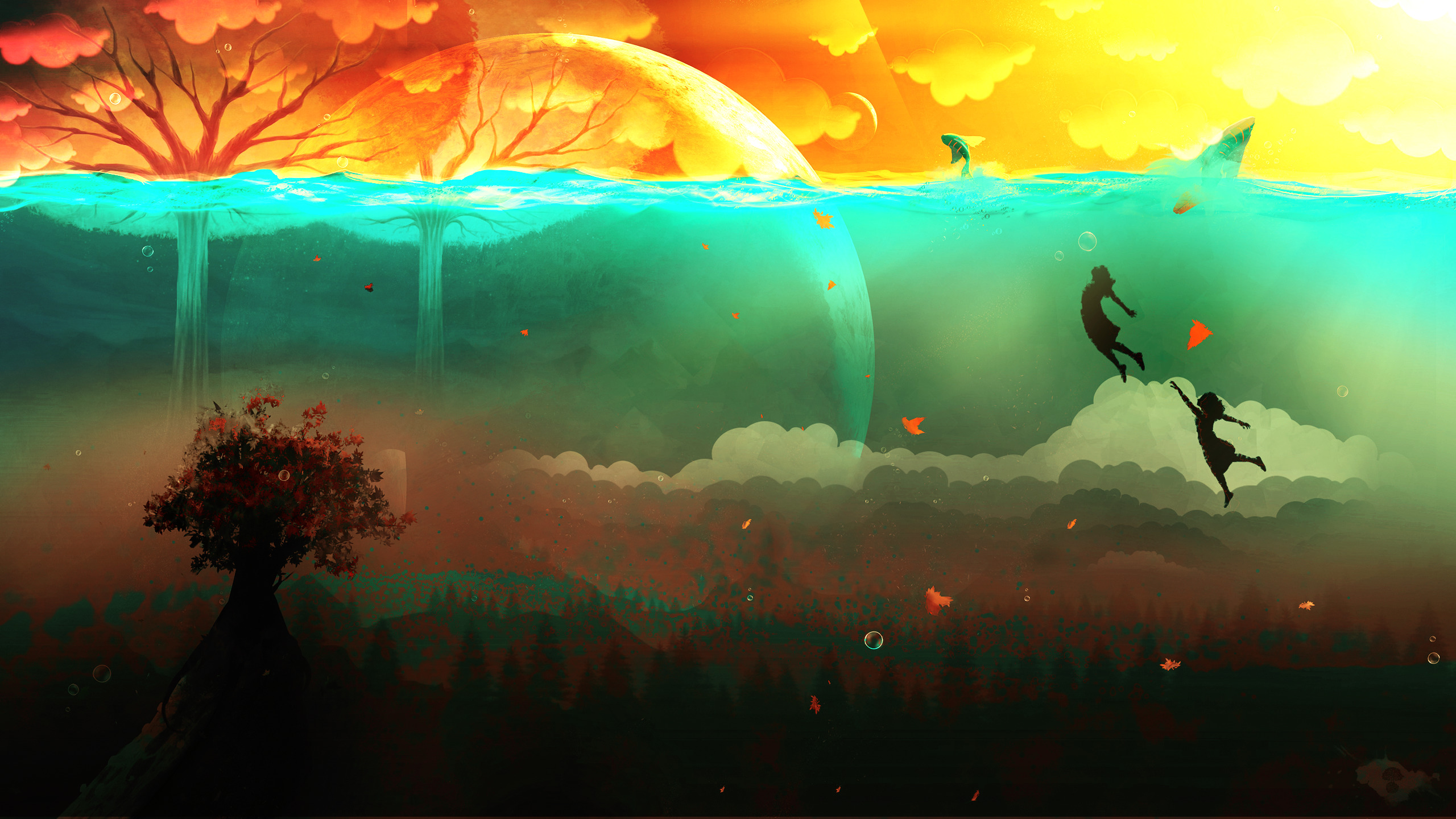 painting, Flying, Surreal, Trees, Clouds, Bubbles, Fish, Sea, Leaves, Underwater, Artwork Wallpaper