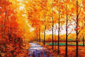 painting, Fall, Trees, Stream, Oil painting, Forest