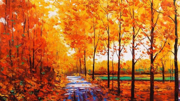painting, Fall, Trees, Stream, Oil painting, Forest HD Wallpaper Desktop Background