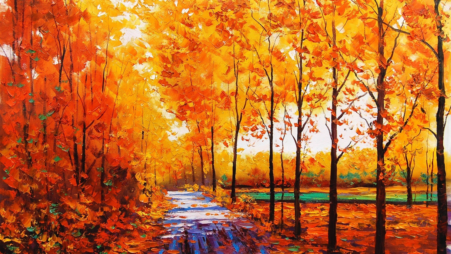 painting, Fall, Trees, Stream, Oil painting, Forest Wallpaper