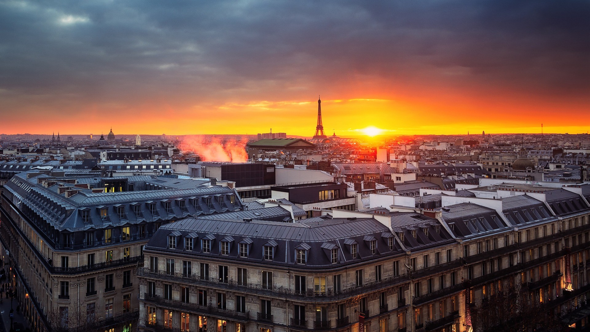 architecture, Old building, City, Capital, Europe, Sky, Clouds, Paris, France, Eiffel Tower, Rooftops, Church, Cathedral, Lights, Smoke, Cityscape, Evening, Sunrise, Window Wallpaper