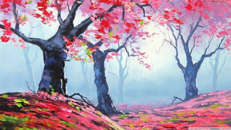 painting, Pink, Forest, Graham Gercken, Fall HD Wallpaper Desktop Background