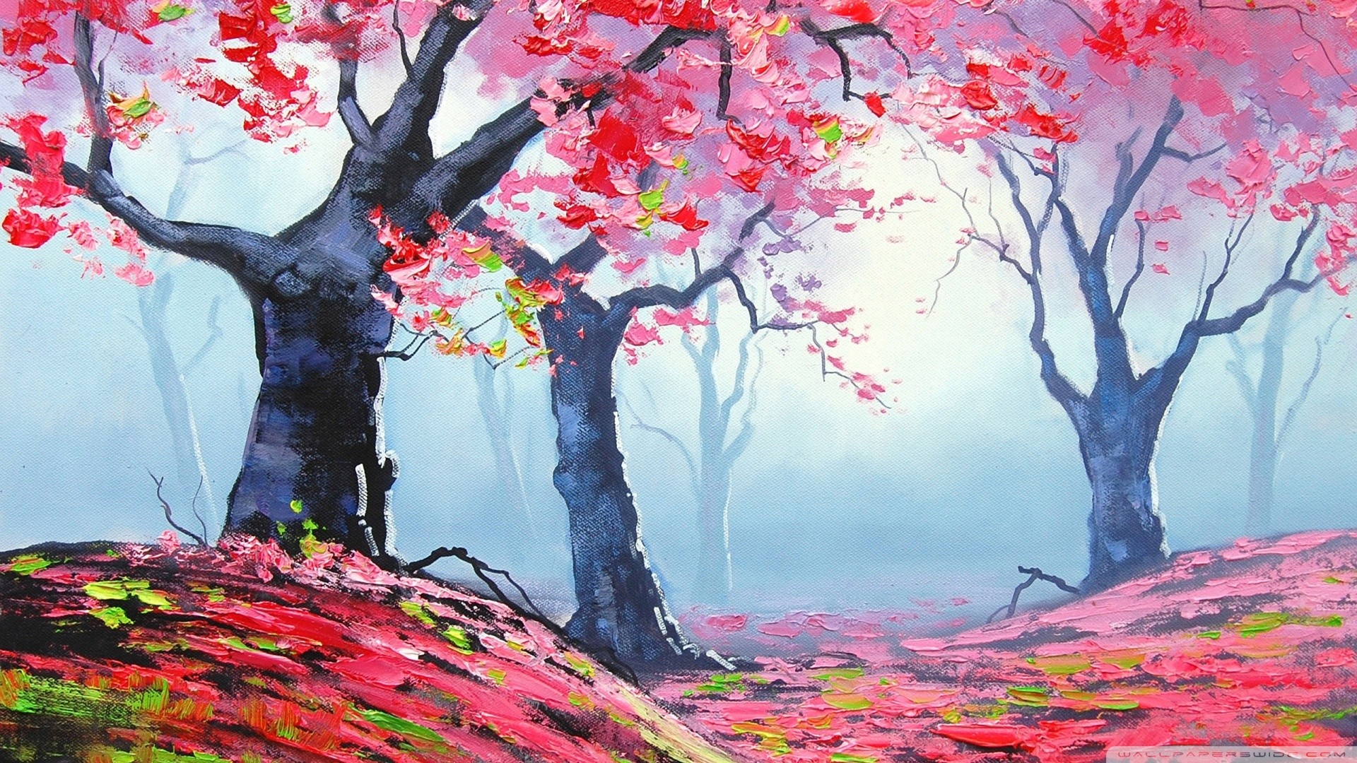 painting, Pink, Forest, Graham Gercken, Fall Wallpaper