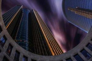city, Cityscape, Architecture, Modern, Building, Skyscraper, Night, Lights, Sky, Clouds, Long exposure, Frankfurt, Germany, Window, Worms eye view