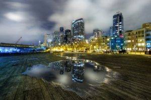 city, Cityscape, Architecture, Modern, Building, Skyscraper, Night, Lights, Sky, Clouds, Long exposure, Seattle, USA, Water, Puddle, Cranes (machine), Wooden surface, Street, Reflection