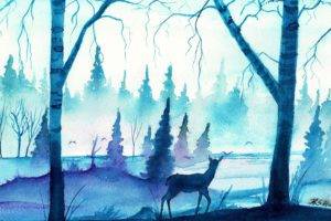 watercolor, Deer, Blue, Forest, Mist