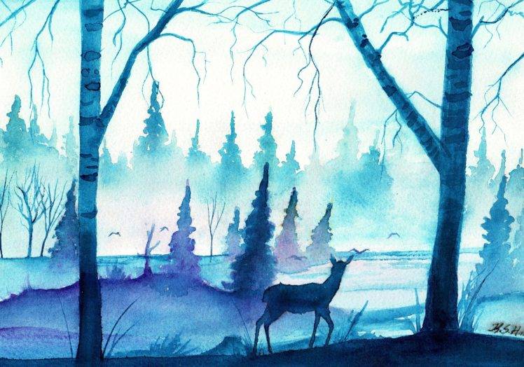 watercolor, Deer, Blue, Forest, Mist HD Wallpaper Desktop Background