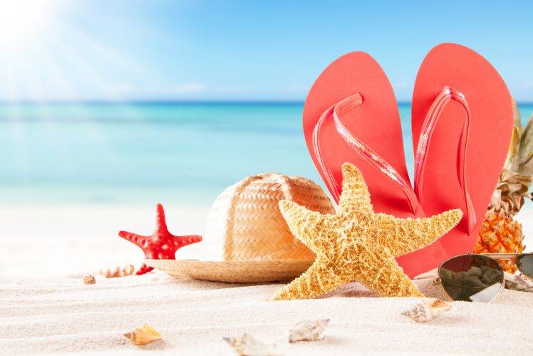 sandals, Seastar, Pineapples, Hat, Beach, Sand HD Wallpaper Desktop Background