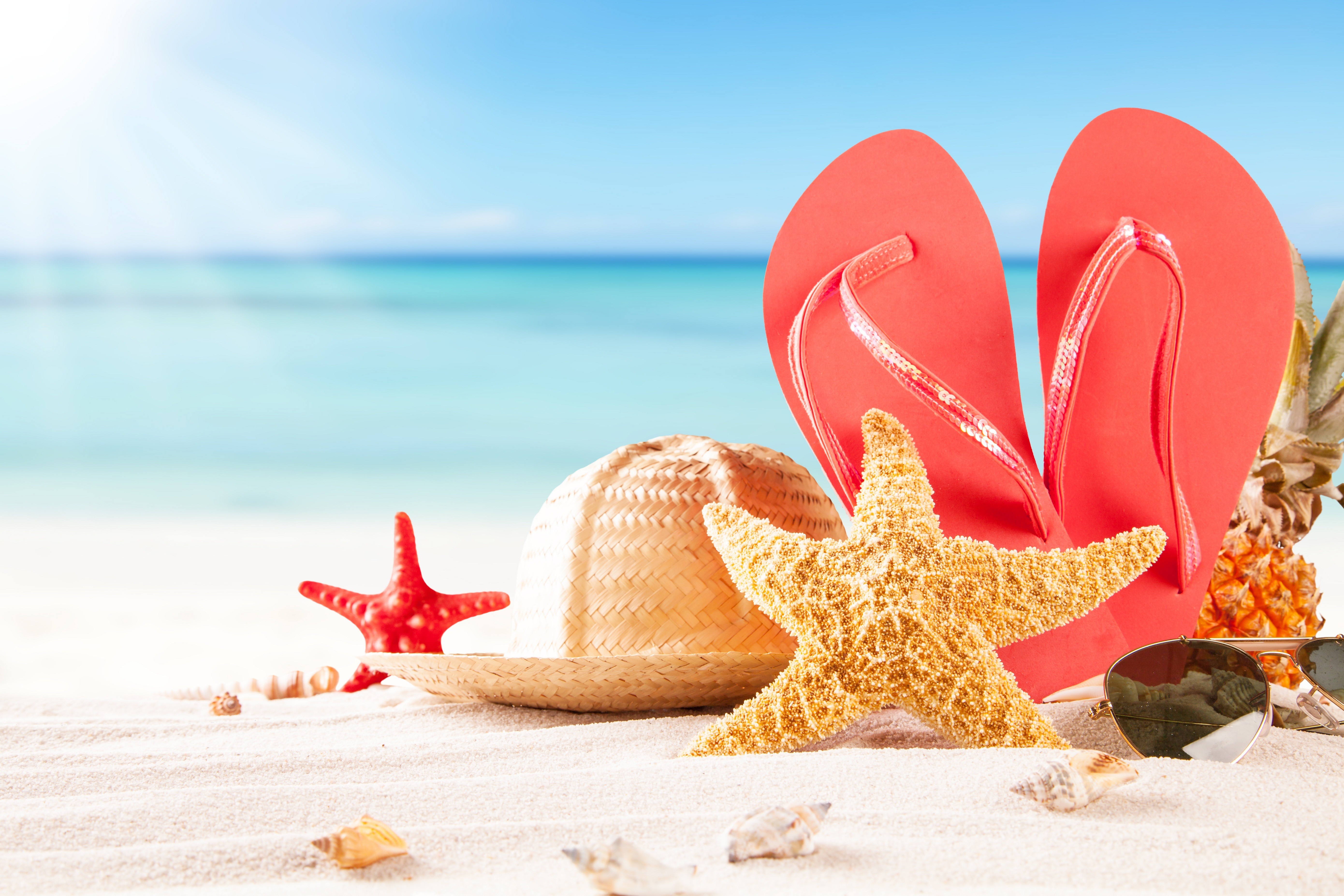 sandals, Seastar, Pineapples, Hat, Beach, Sand Wallpaper