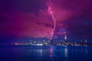 sea, Night, Lightning, New York City, Skyline