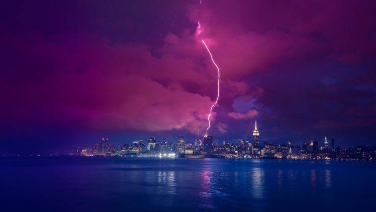 Sea Night Lightning New York City Skyline Wallpapers Hd